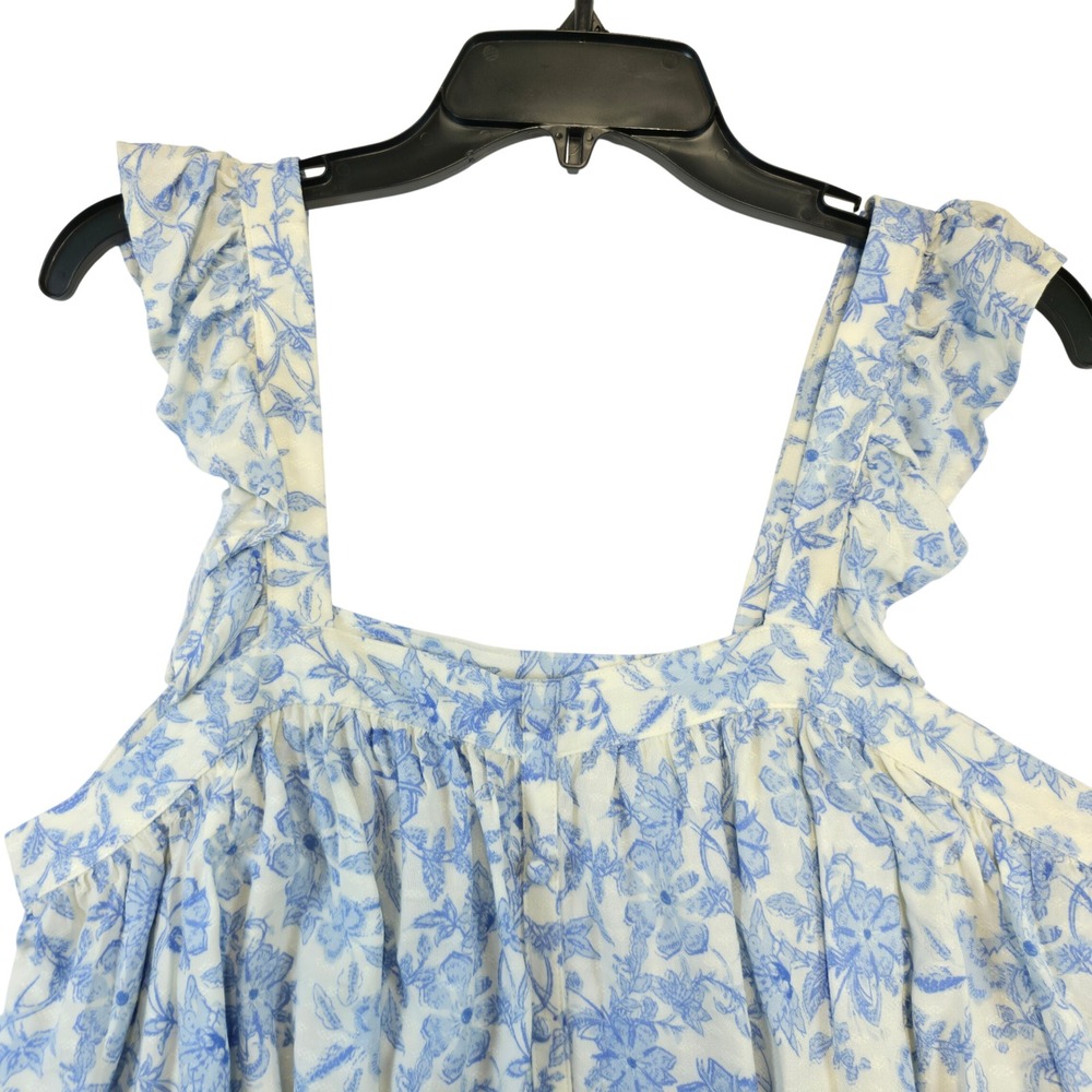 Melrose and Market Womens White Blue Floral Ruffle Strap Square Neck Crop M NWT - Picture 2 of 8